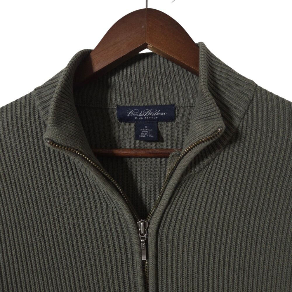 Brooks Brothers Cardigan Sweater Mens S Pima Cotton Full Zip Olive Green
